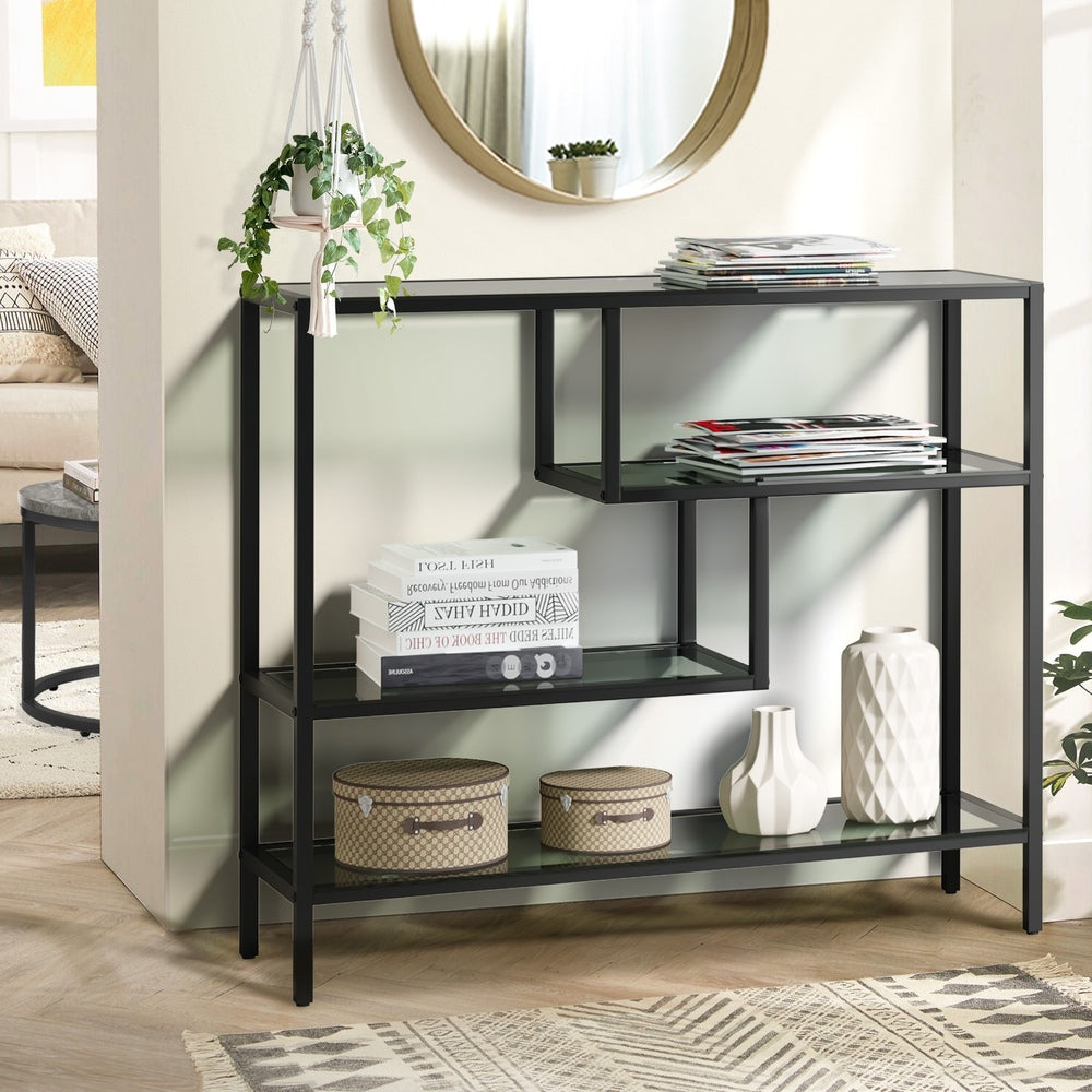 Oikiture Console Table Tempered Glass 4 Shelves Black