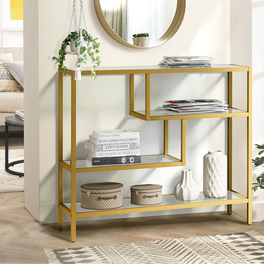 Oikiture Console Table Tempered Glass 4 Shelves Gold