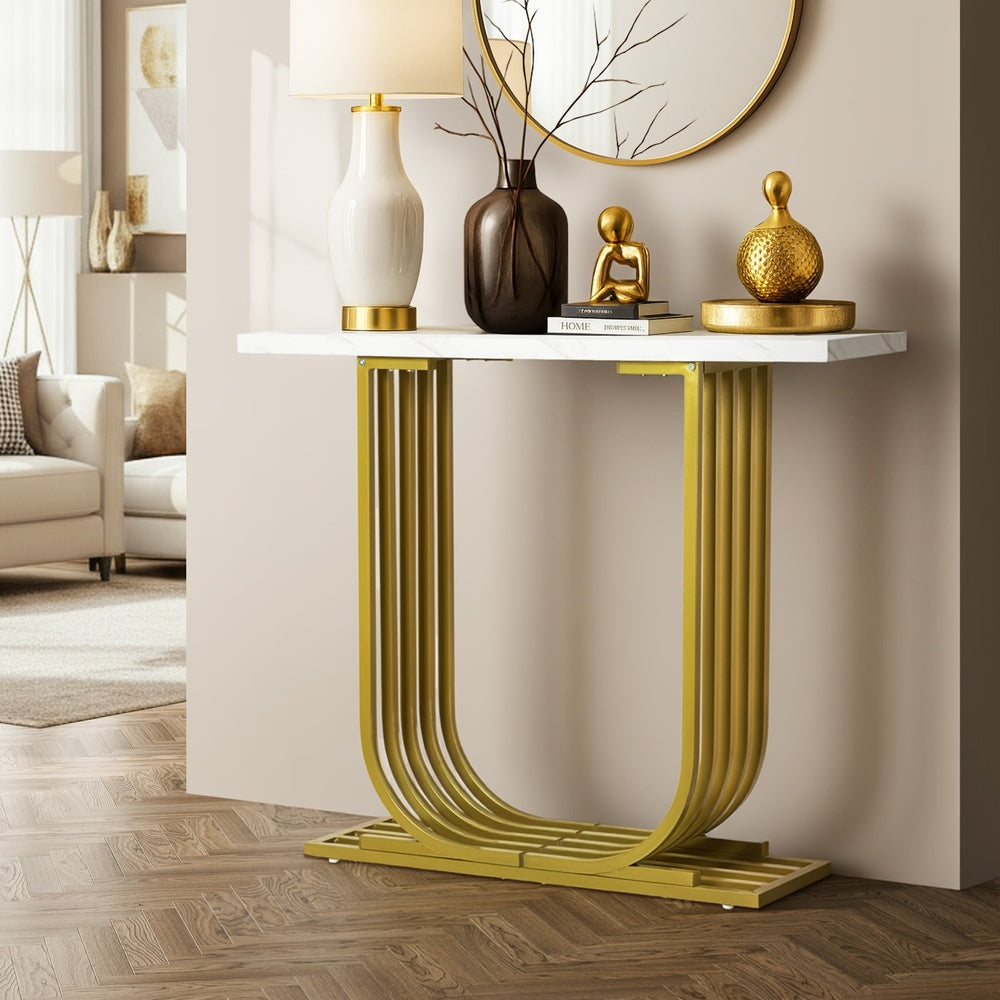 Console Table Hallway Desk Marble Effect Tabletop White&Gold