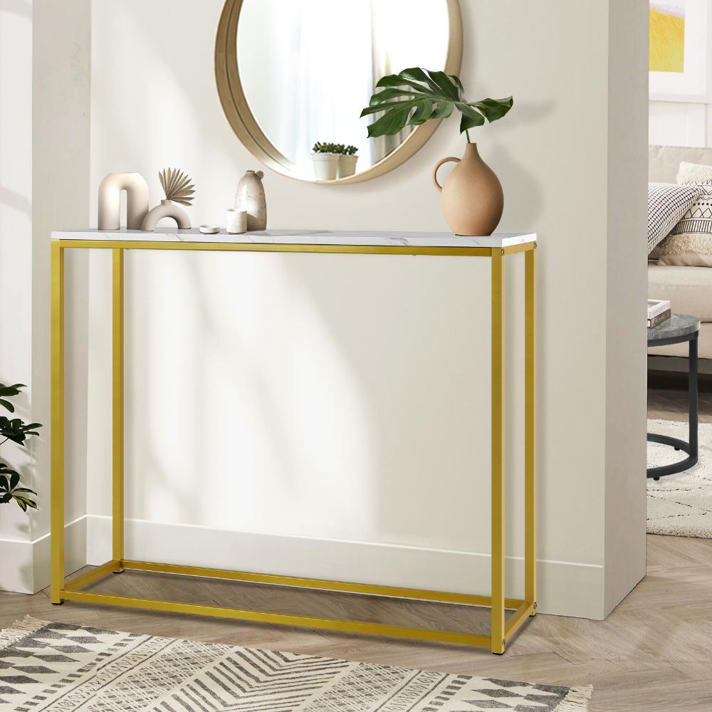 Console Table Marble-look Iron Gold&White