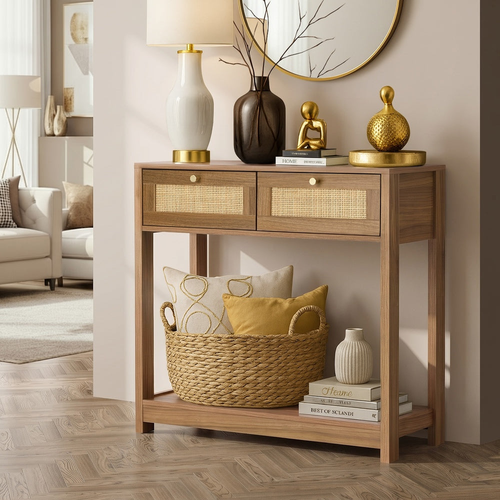 Oikiture Console Table 2 Drawer Hallway Display Shelf Oak