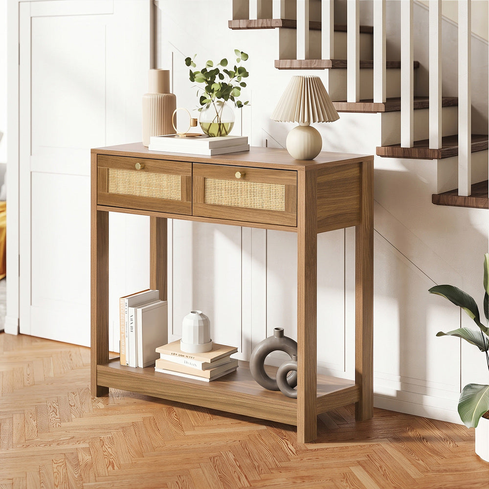 Oikiture Console Table 2 Drawer Hallway Display Shelf Oak