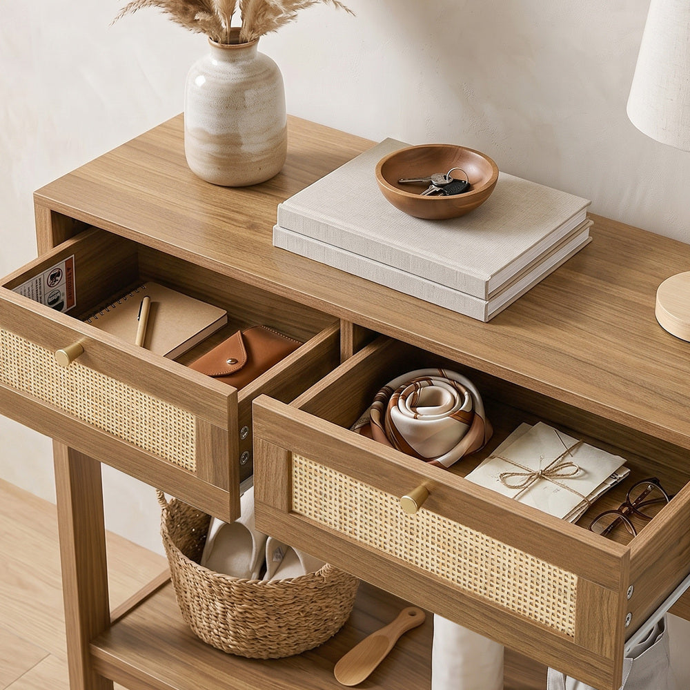 Oikiture Console Table 2 Drawer Hallway Display Shelf Oak