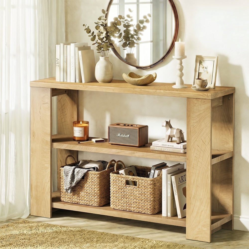 Oikiture Console Table 120cm 2 Open Shelves Entryway Hallway Hall Table Natural