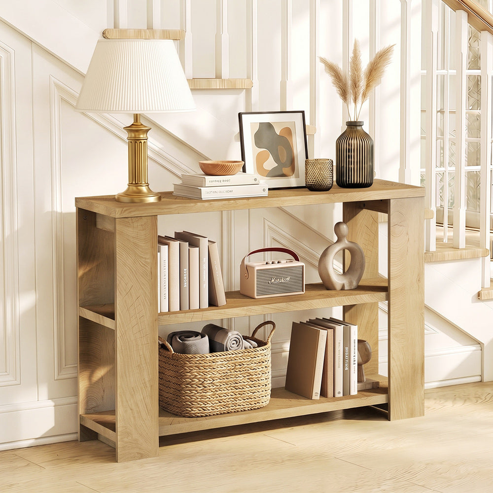 Oikiture Console Table 120cm 2 Open Shelves Entryway Hallway Hall Table Natural