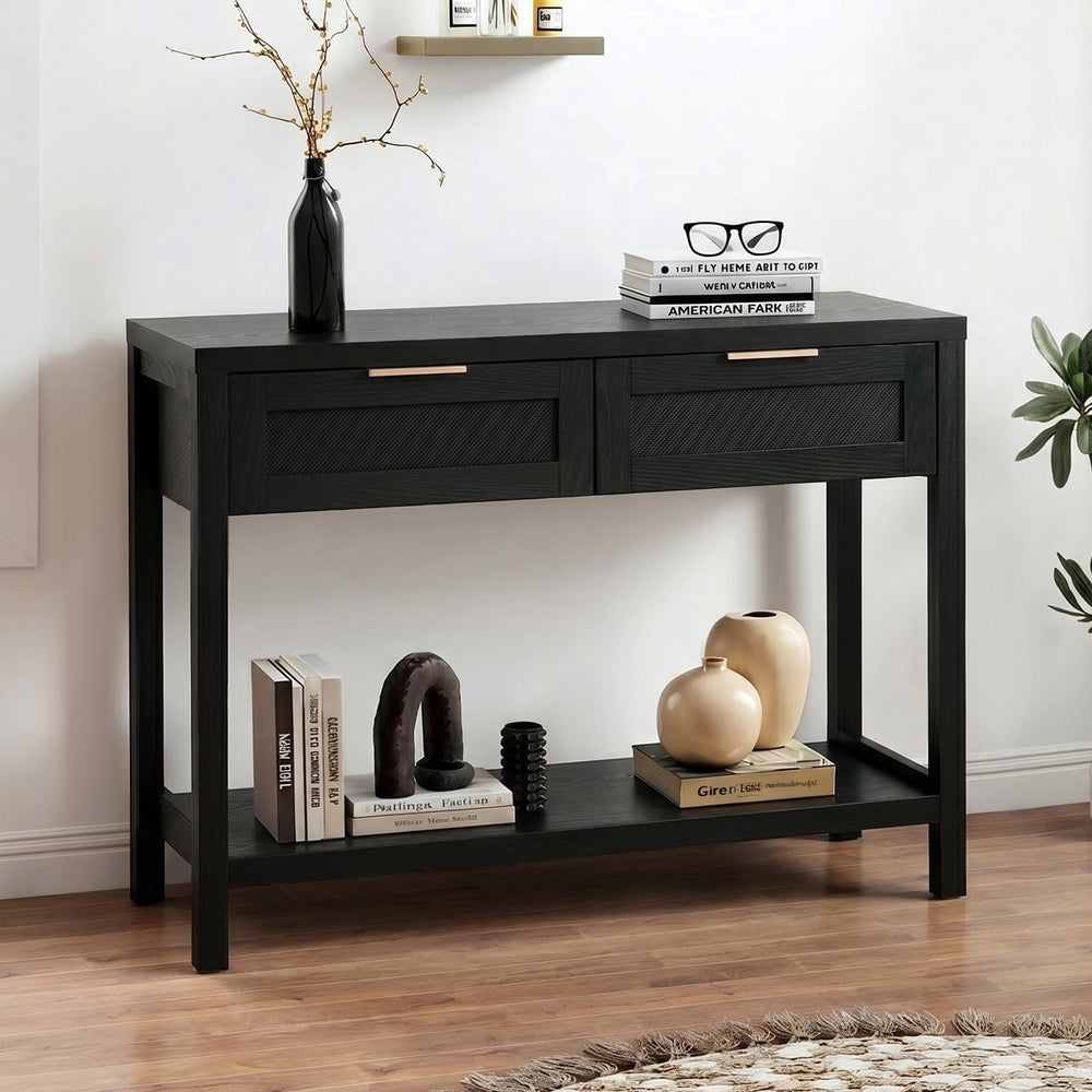 Console Table Black – 2 Drawers, Faux Rattan Fronts, Shelf, 100cm