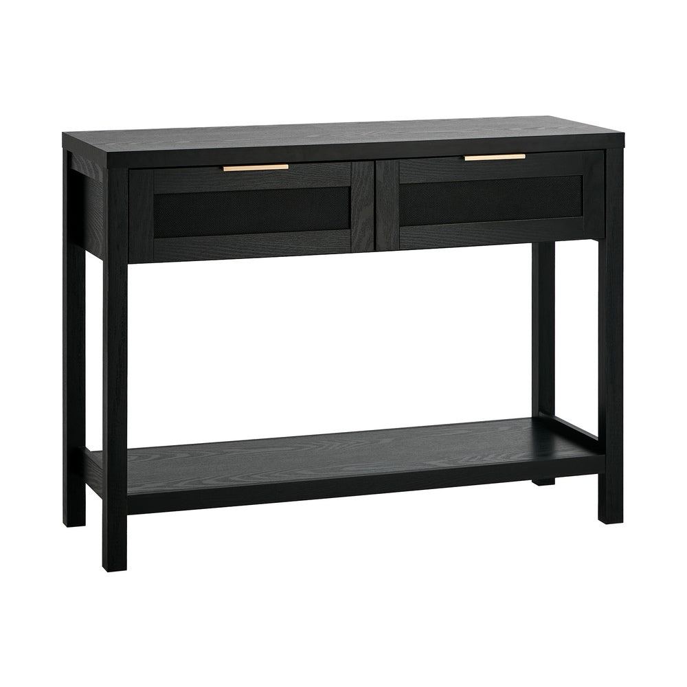 Console Table Black – 2 Drawers, Faux Rattan Fronts, Shelf, 100cm