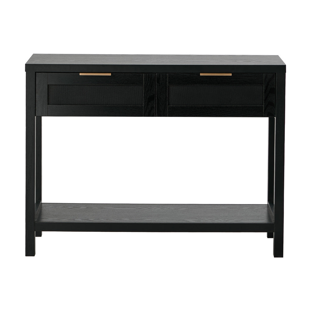 Console Table Black – 2 Drawers, Faux Rattan Fronts, Shelf, 100cm