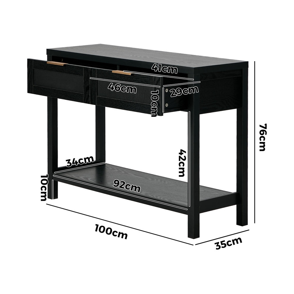 Console Table Black – 2 Drawers, Faux Rattan Fronts, Shelf, 100cm