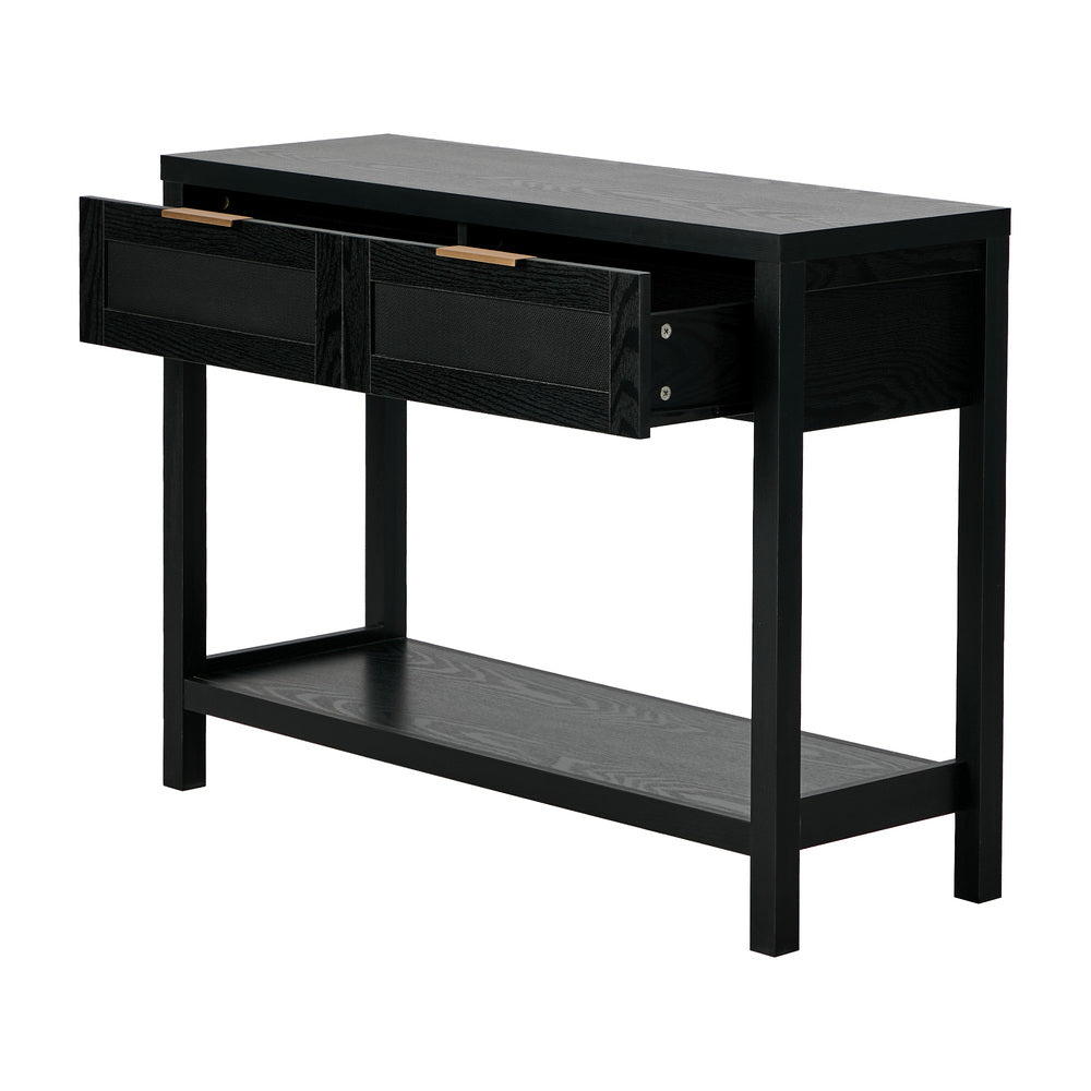 Console Table Black – 2 Drawers, Faux Rattan Fronts, Shelf, 100cm