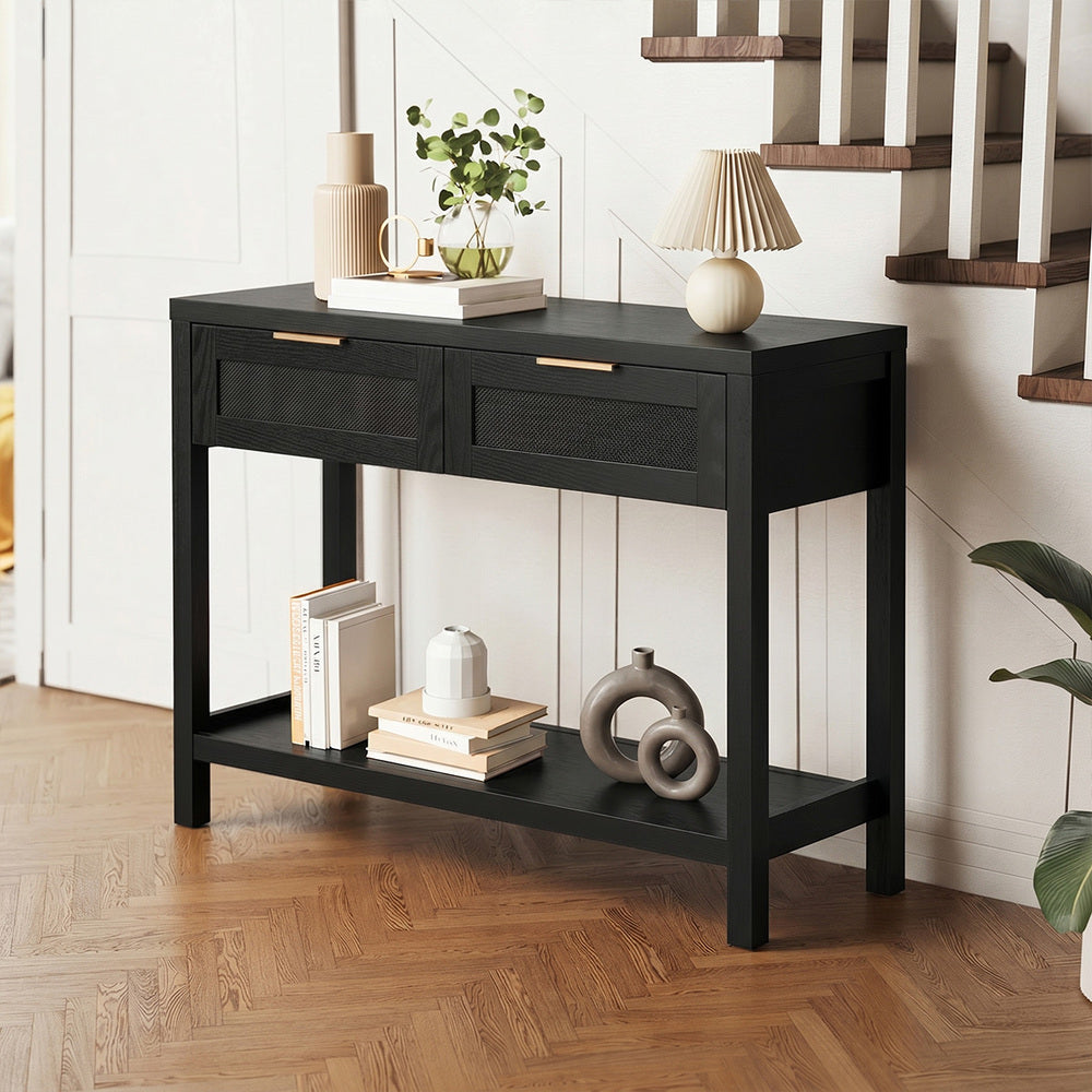 Console Table Black – 2 Drawers, Faux Rattan Fronts, Shelf, 100cm