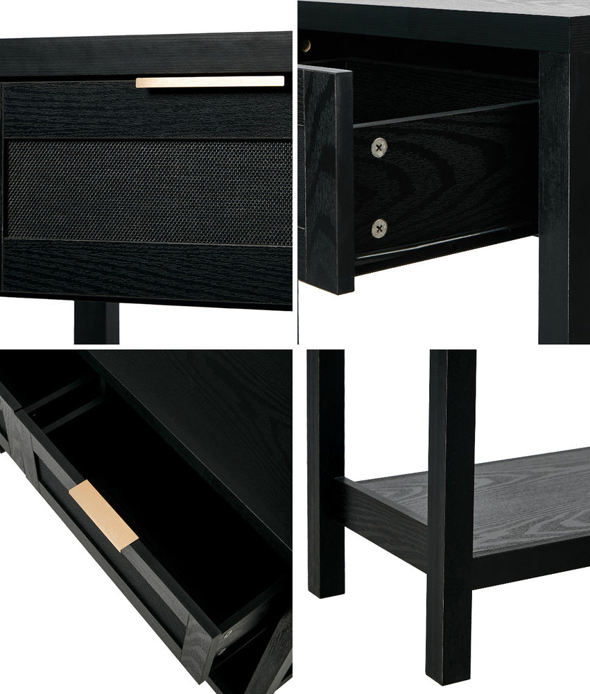 Console Table Black – 2 Drawers, Faux Rattan Fronts, Shelf, 100cm