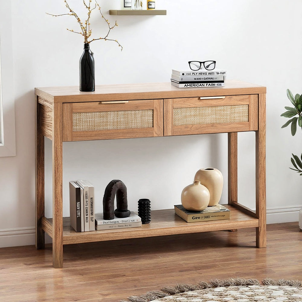 Console Table 2 Drawers Entry Table Display Shelf Natural