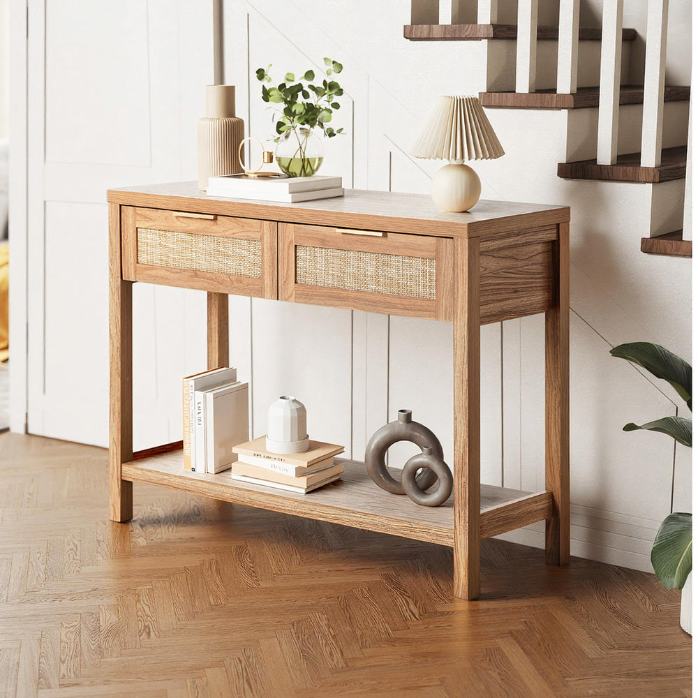 Console Table 2 Drawers Entry Table Display Shelf Natural