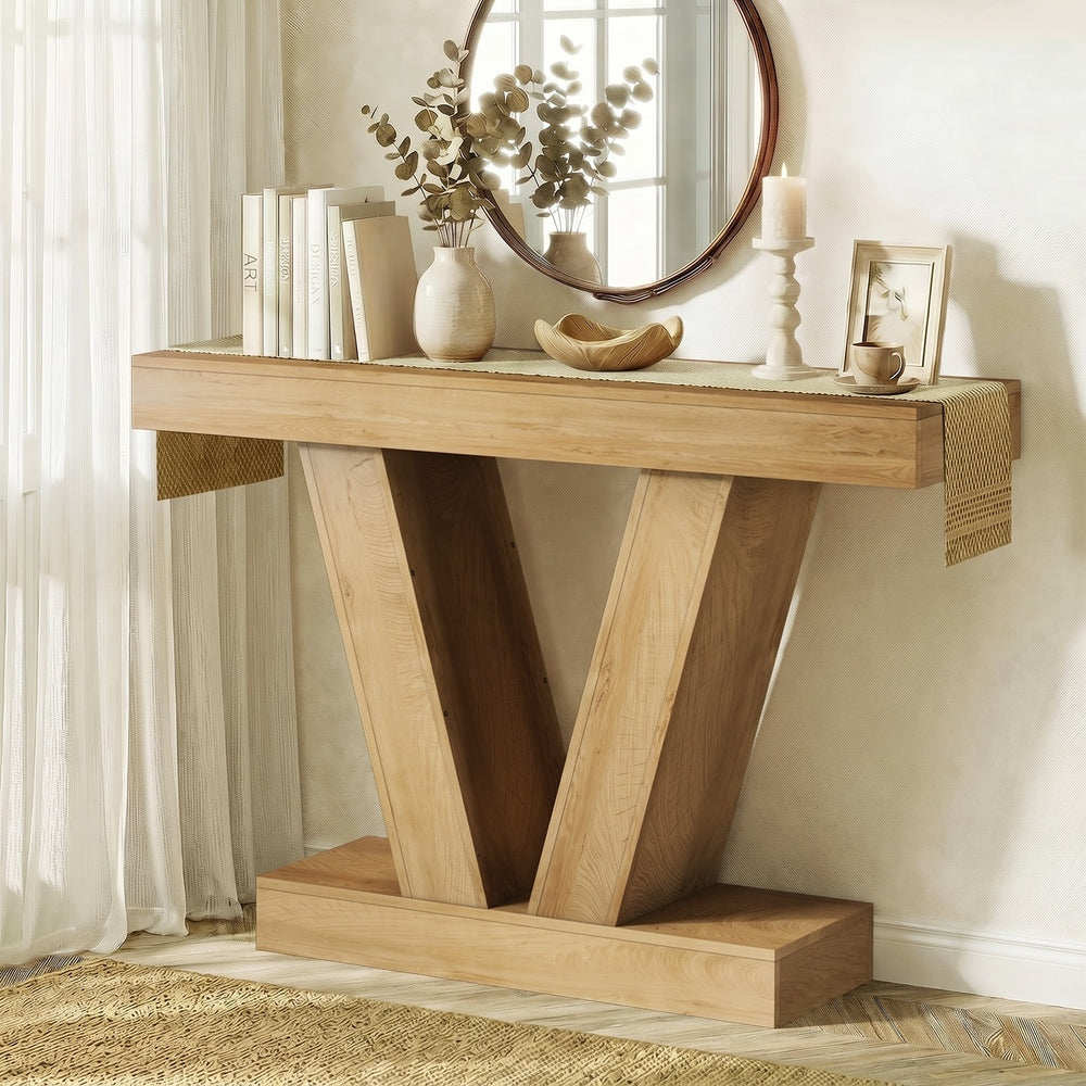 Oikiture Console Table Narrow Sofa Table V-Shape Storage Natural