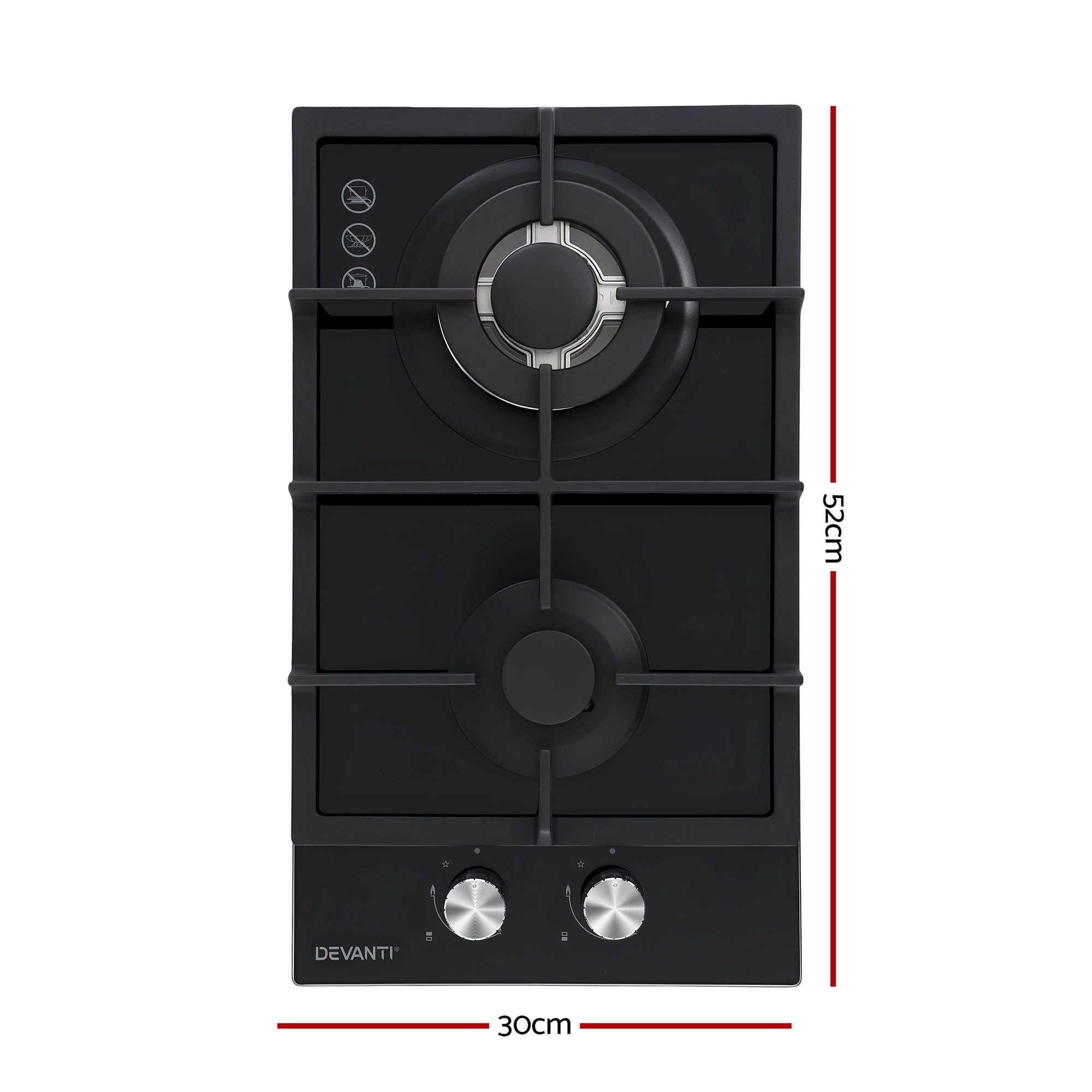 Gas Cooktop 30cm 2 Burner Built-in Stove Glass Cook Top NG LPG Wok Burner