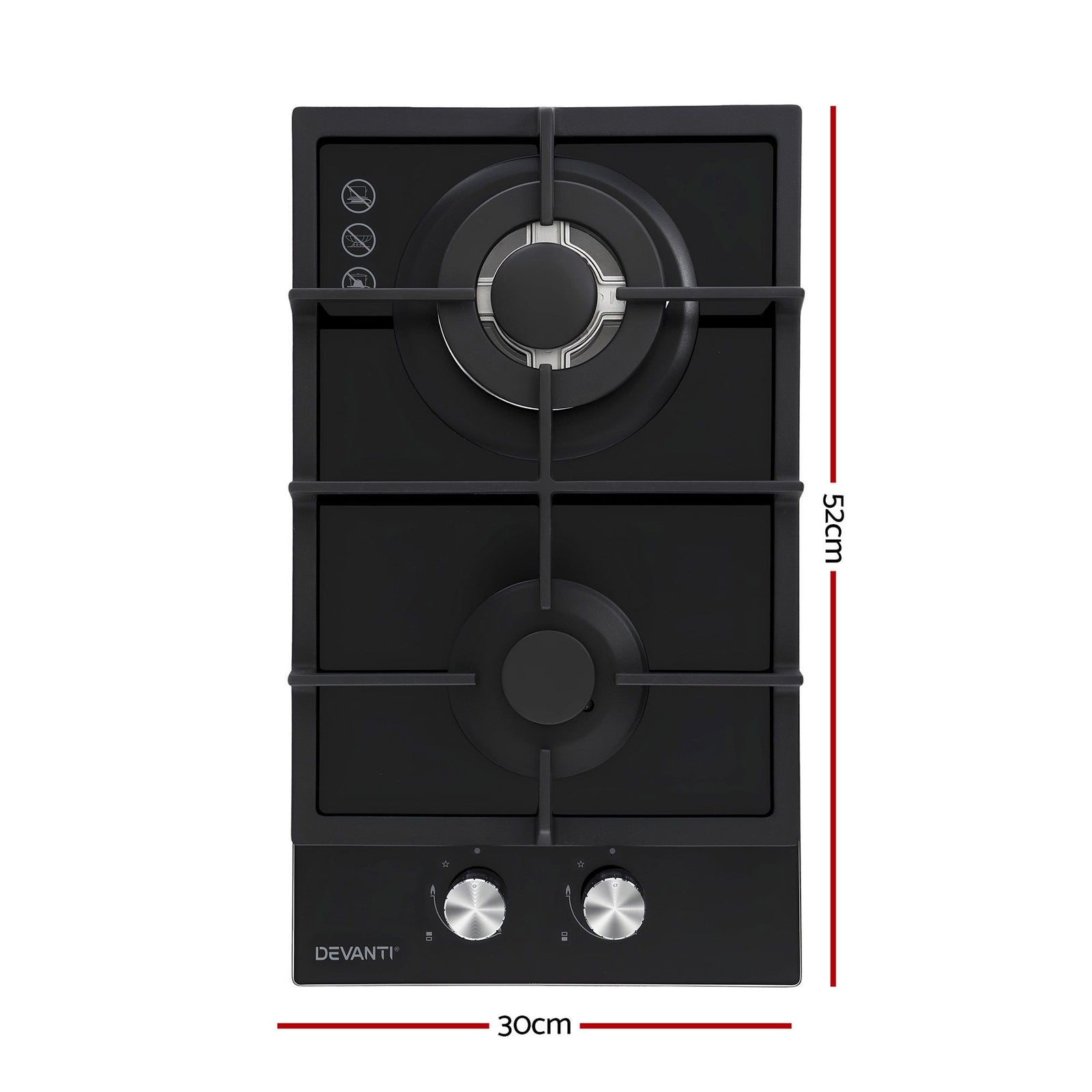 Gas Cooktop 30cm 2 Burner Built-in Stove Glass Cook Top NG LPG Wok Burner