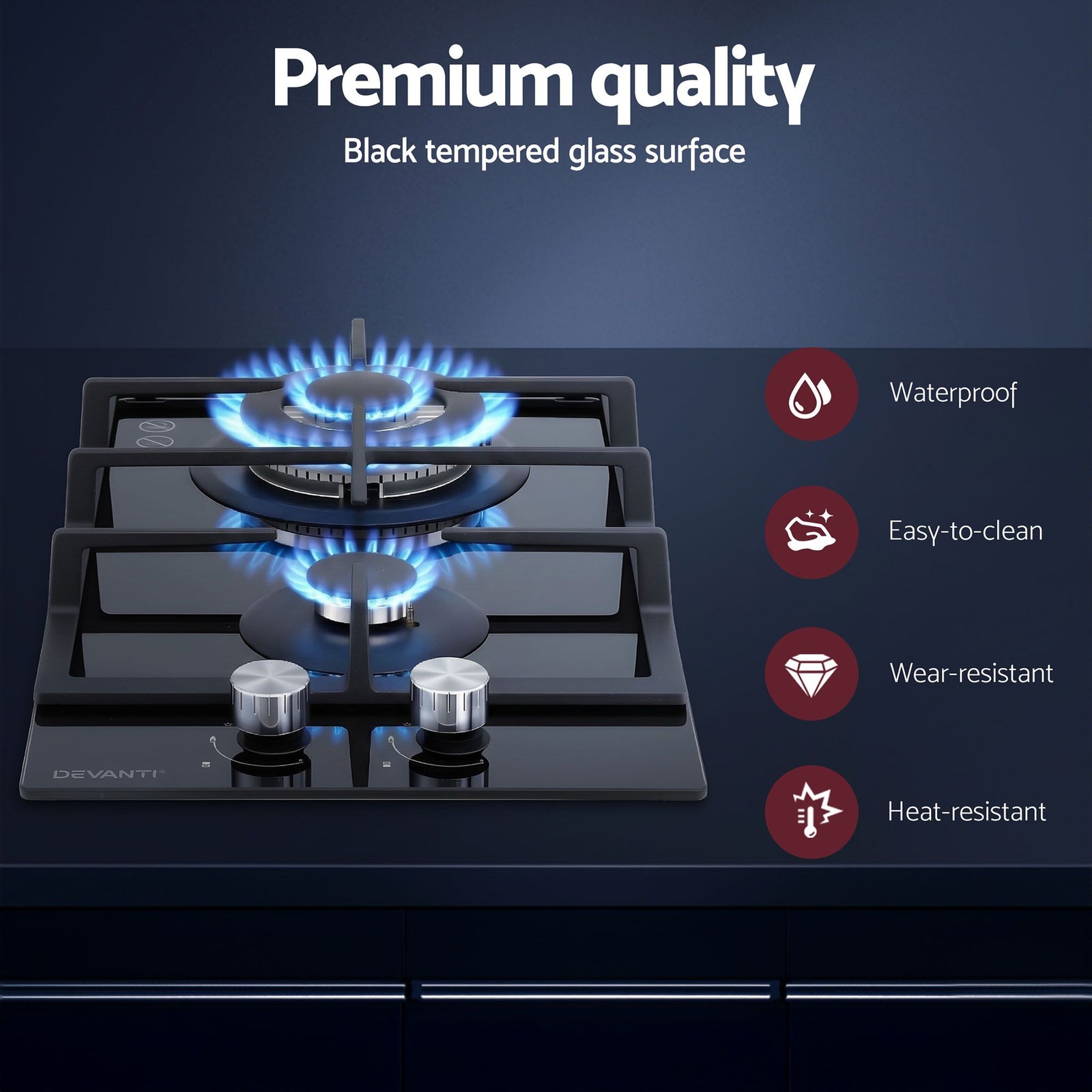 Gas Cooktop 30cm 2 Burner Built-in Stove Glass Cook Top NG LPG Wok Burner
