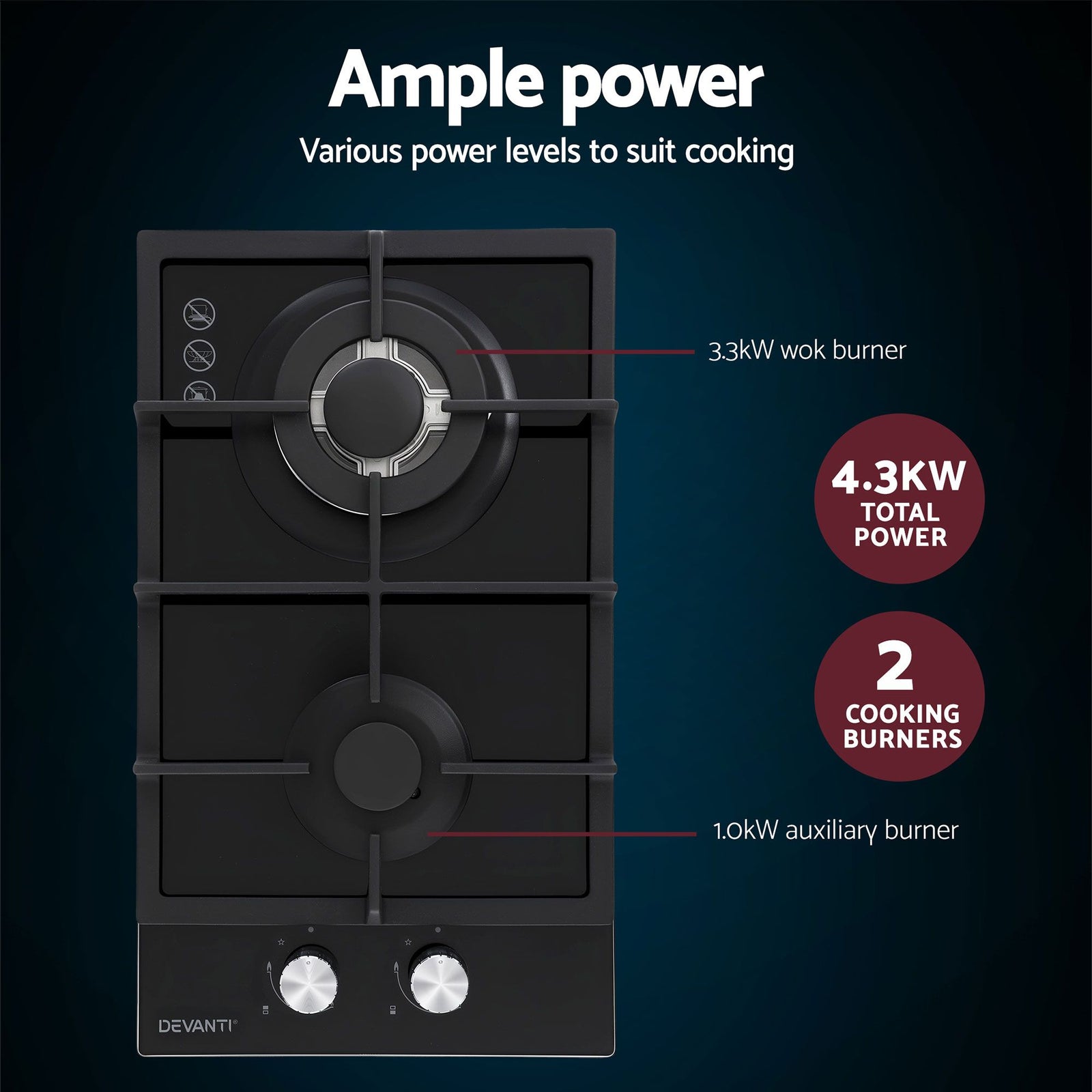 Gas Cooktop 30cm 2 Burner Built-in Stove Glass Cook Top NG LPG Wok Burner