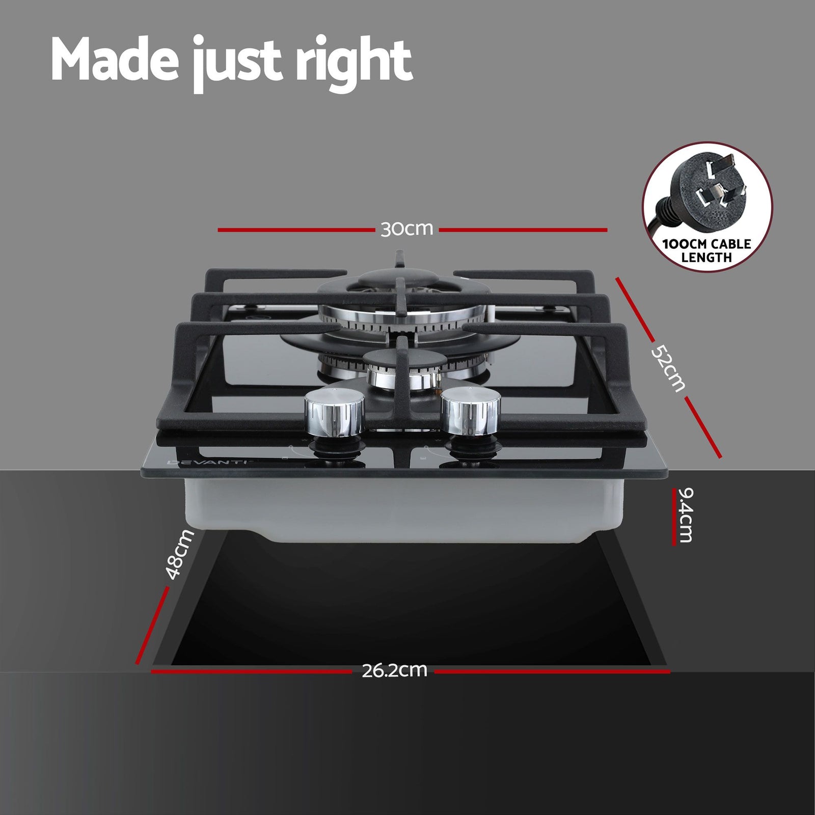 Gas Cooktop 30cm 2 Burner Built-in Stove Glass Cook Top NG LPG Wok Burner