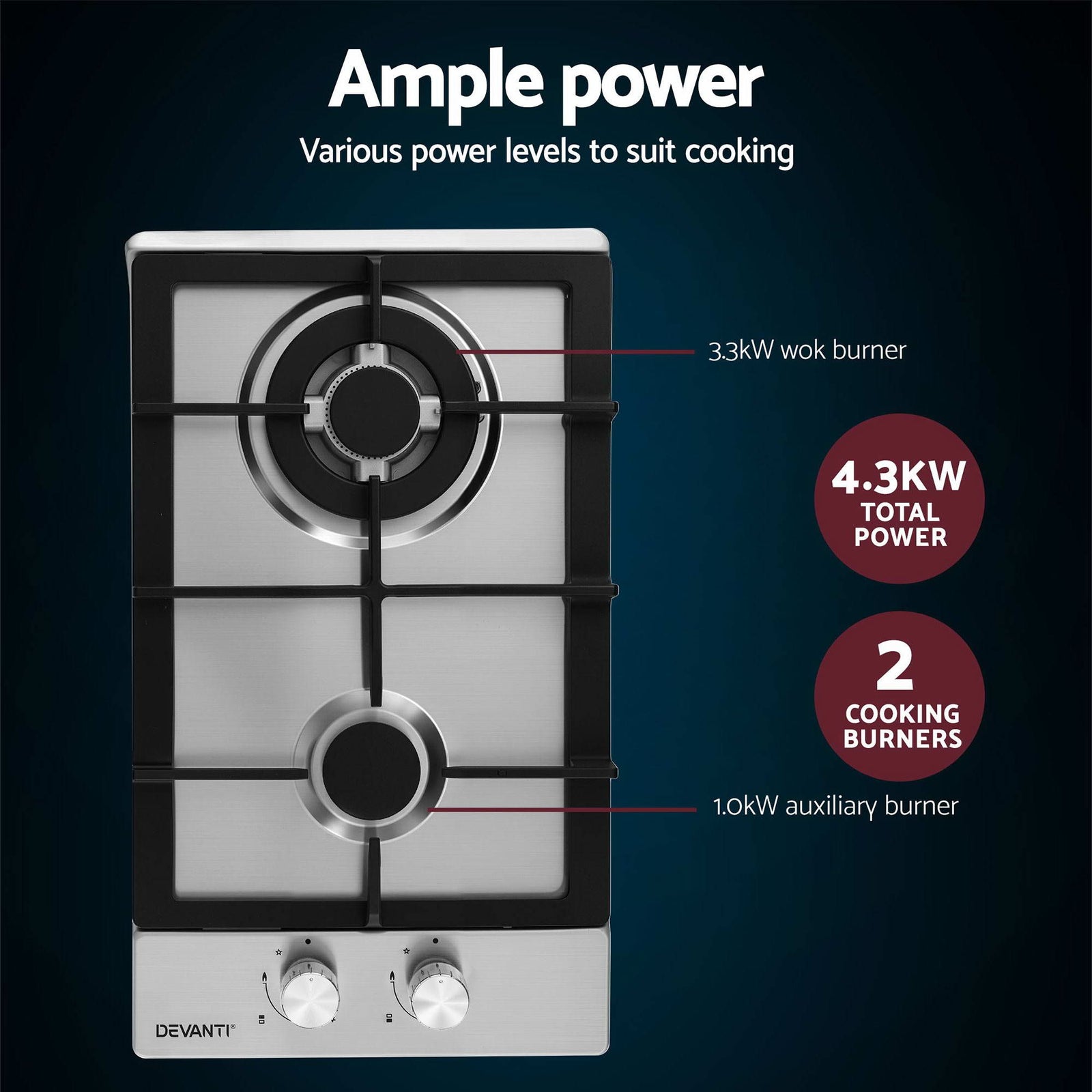 Gas Cooktop 30cm 2 Burner Silver