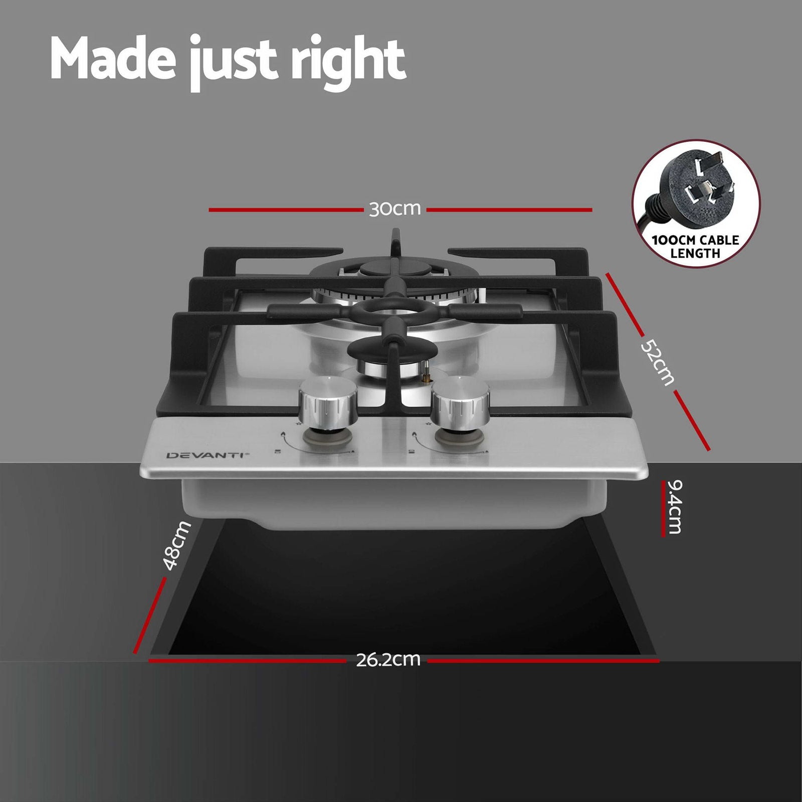 Gas Cooktop 30cm 2 Burner Silver
