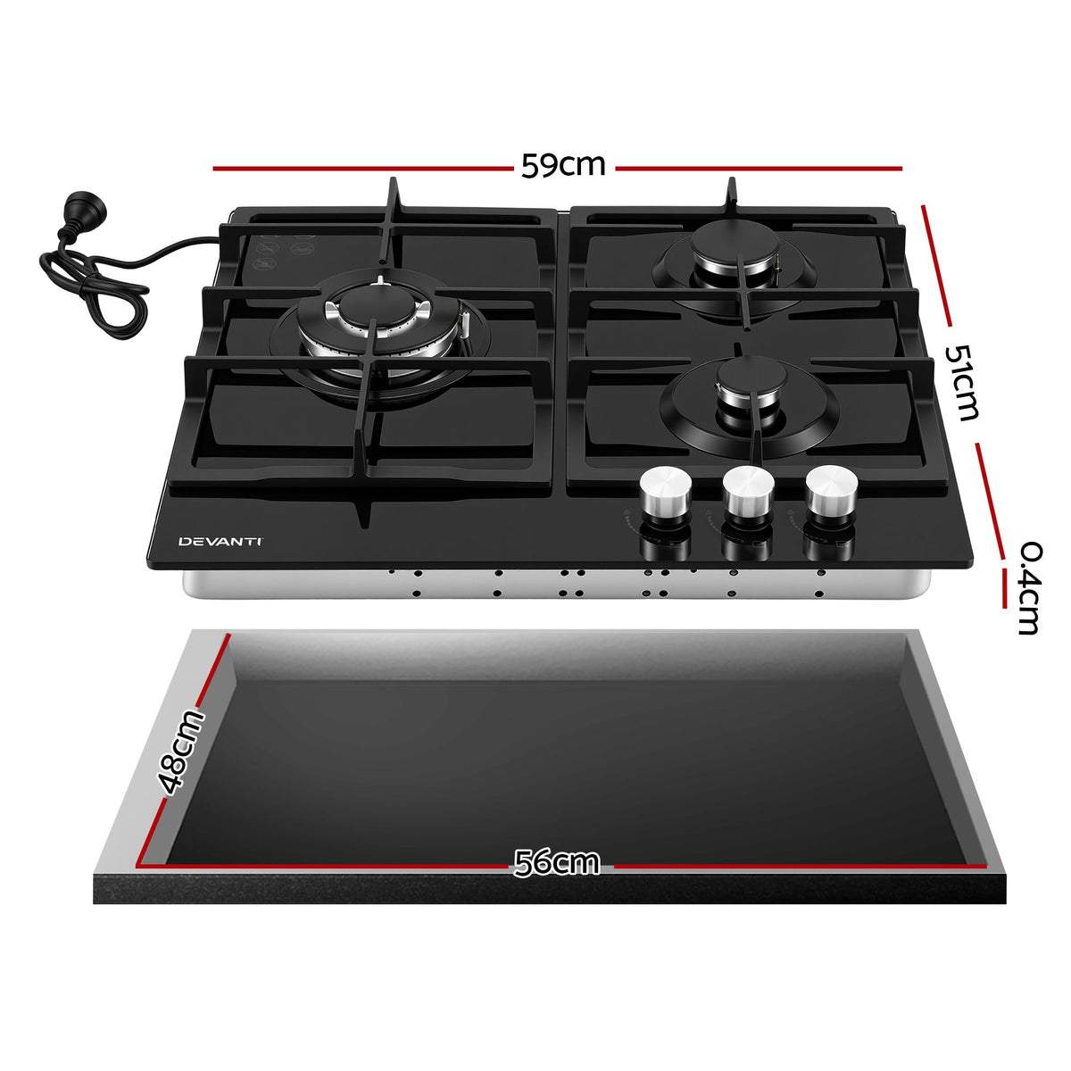59cm Gas Cooktop 3 Burner Knob Control Glass Hob Cast Iron Black