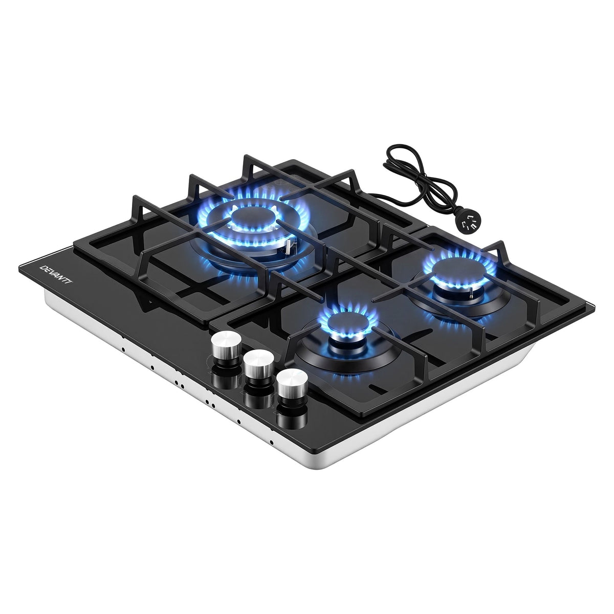 59cm Gas Cooktop 3 Burner Knob Control Glass Hob Cast Iron Black