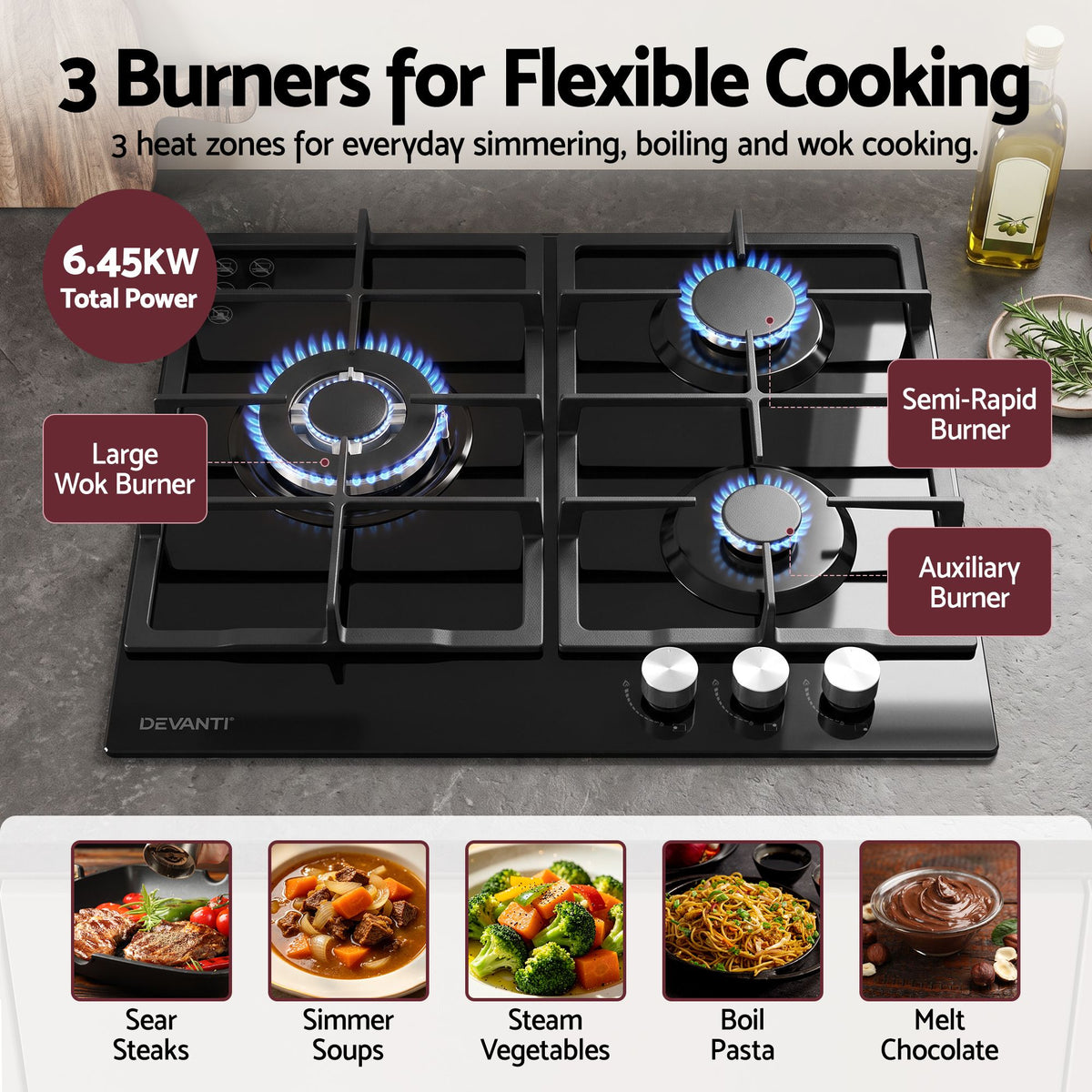 59cm Gas Cooktop 3 Burner Knob Control Glass Hob Cast Iron Black