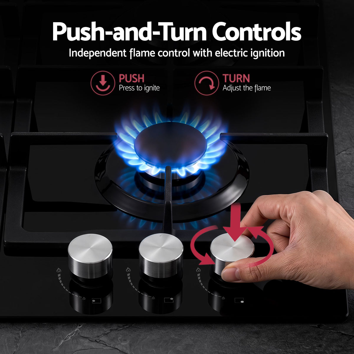 59cm Gas Cooktop 3 Burner Knob Control Glass Hob Cast Iron Black
