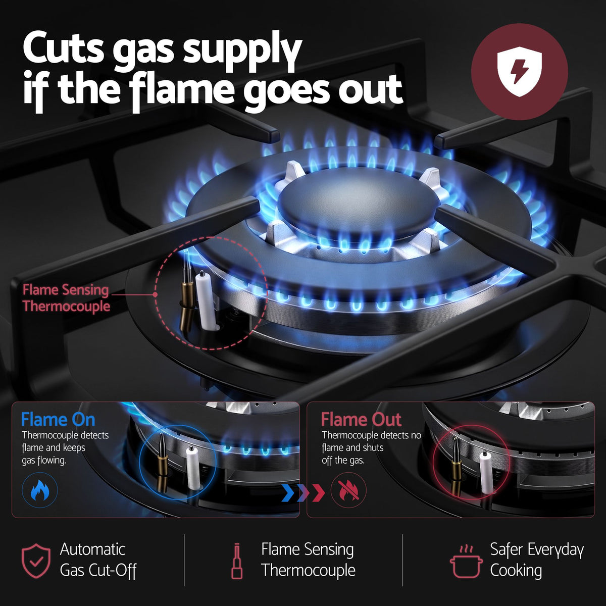 59cm Gas Cooktop 3 Burner Knob Control Glass Hob Cast Iron Black