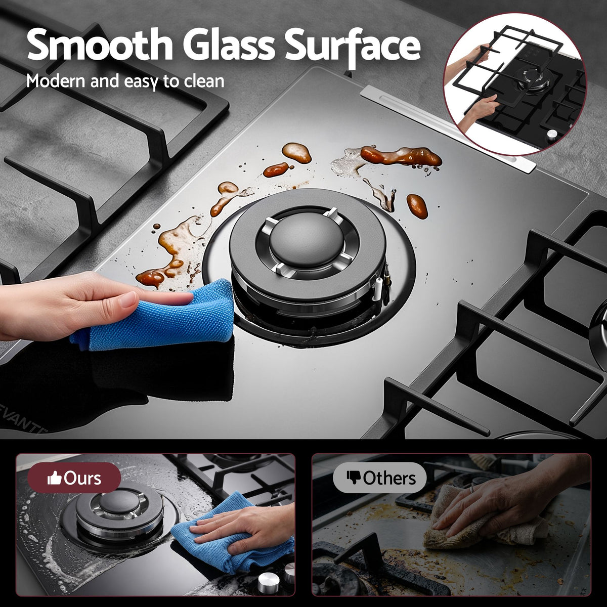 59cm Gas Cooktop 3 Burner Knob Control Glass Hob Cast Iron Black