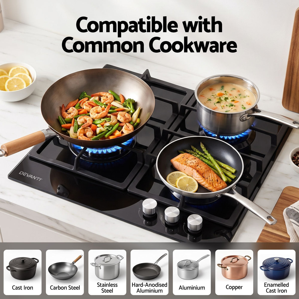 59cm Gas Cooktop 3 Burner Knob Control Glass Hob Cast Iron Black