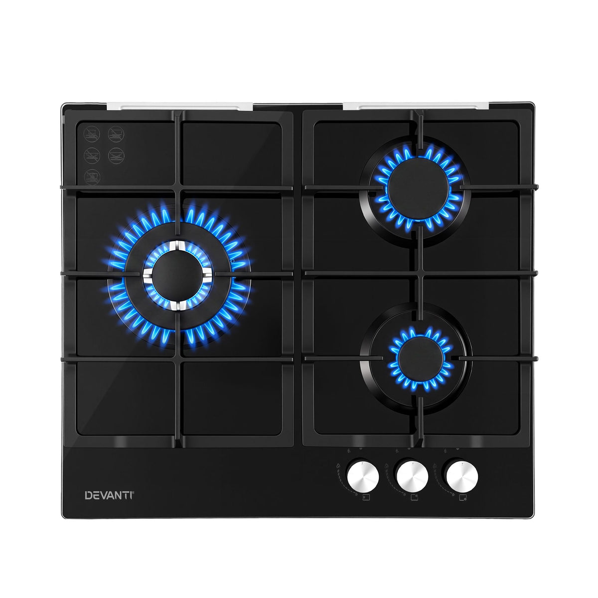 59cm Gas Cooktop 3 Burner Knob Control Glass Hob Cast Iron Black