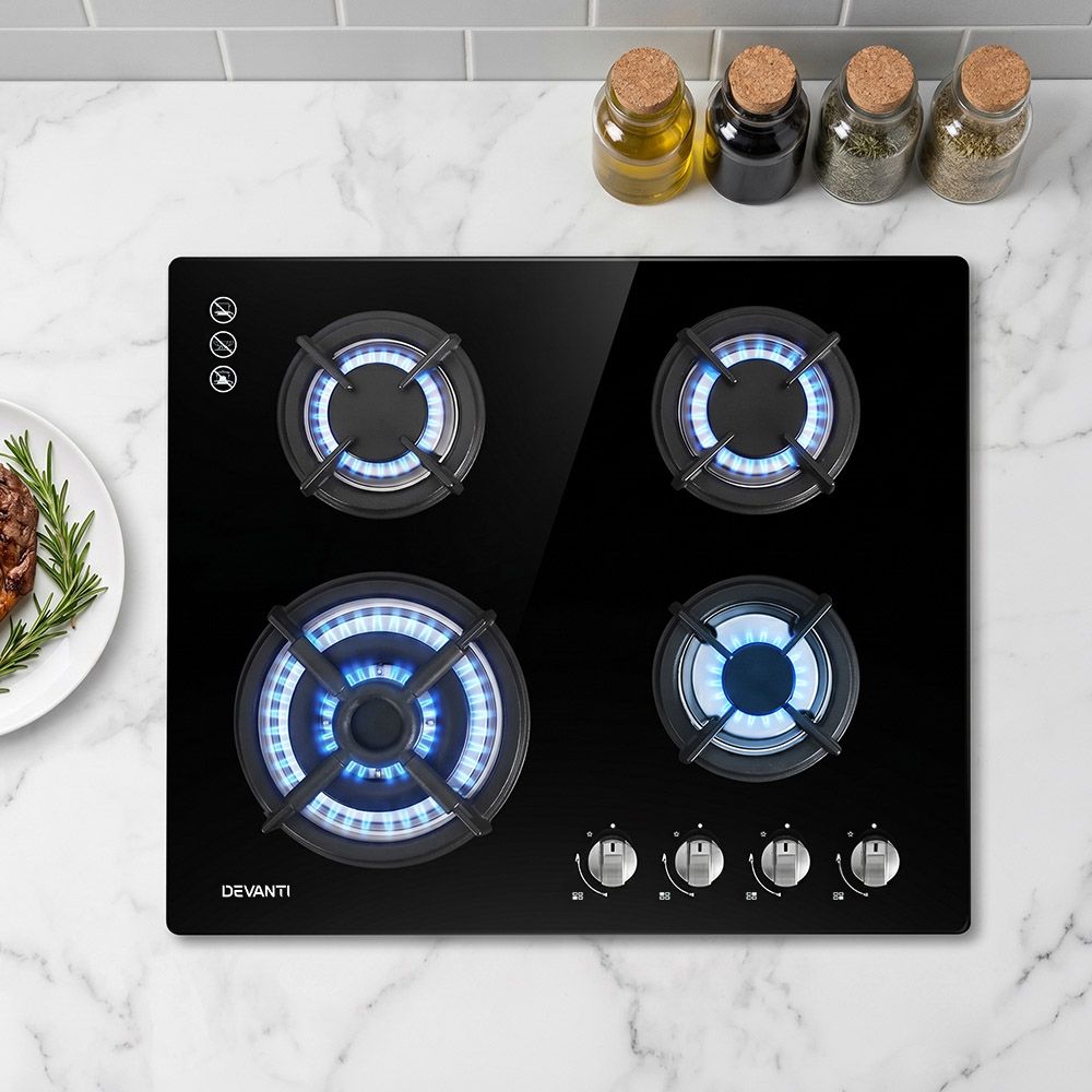 60cm 4 Burner Gas Cooktop Black Glass Built-in Kitchen Stove