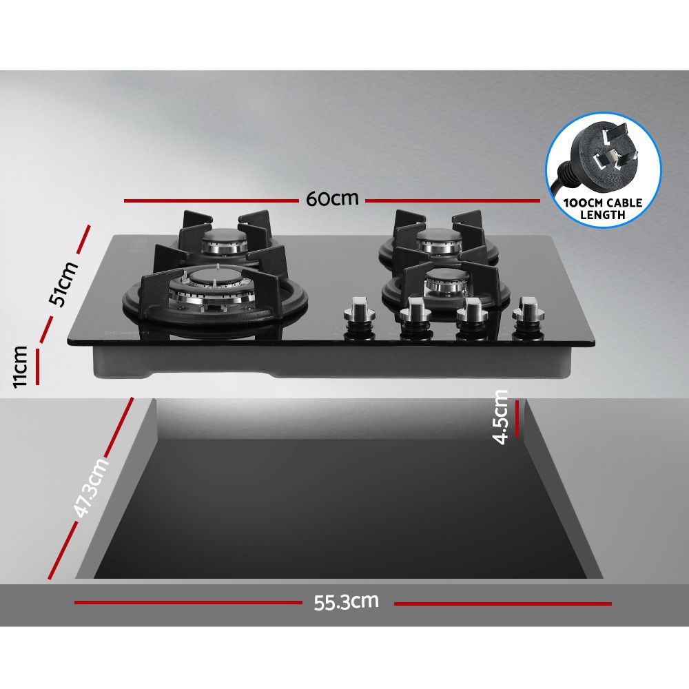 60cm 4 Burner Gas Cooktop Black Glass Built-in Kitchen Stove