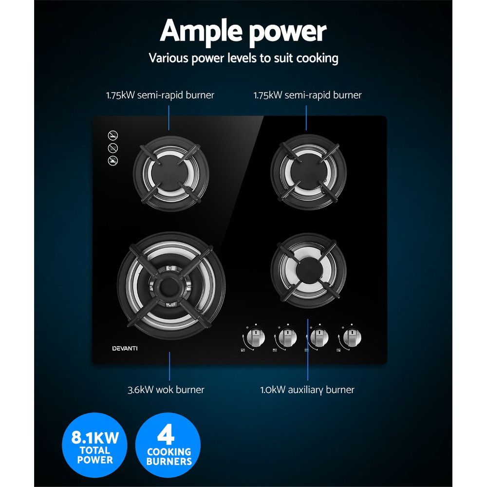 60cm 4 Burner Gas Cooktop Black Glass Built-in Kitchen Stove