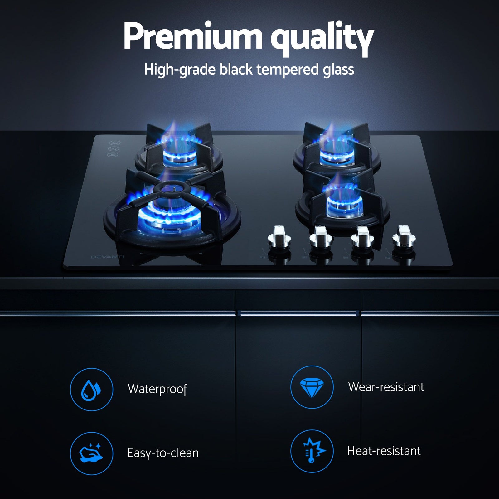 60cm 4 Burner Gas Cooktop Black Glass Built-in Kitchen Stove