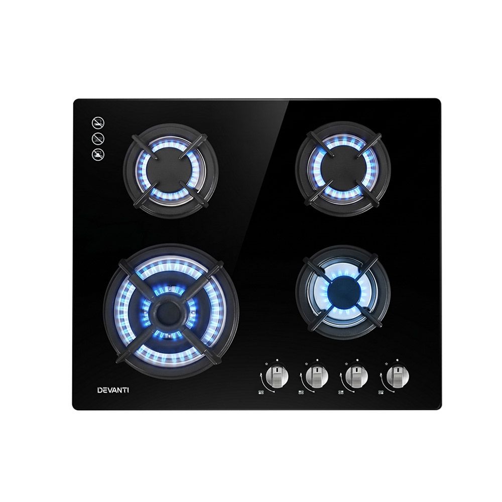 60cm 4 Burner Gas Cooktop Black Glass Built-in Kitchen Stove