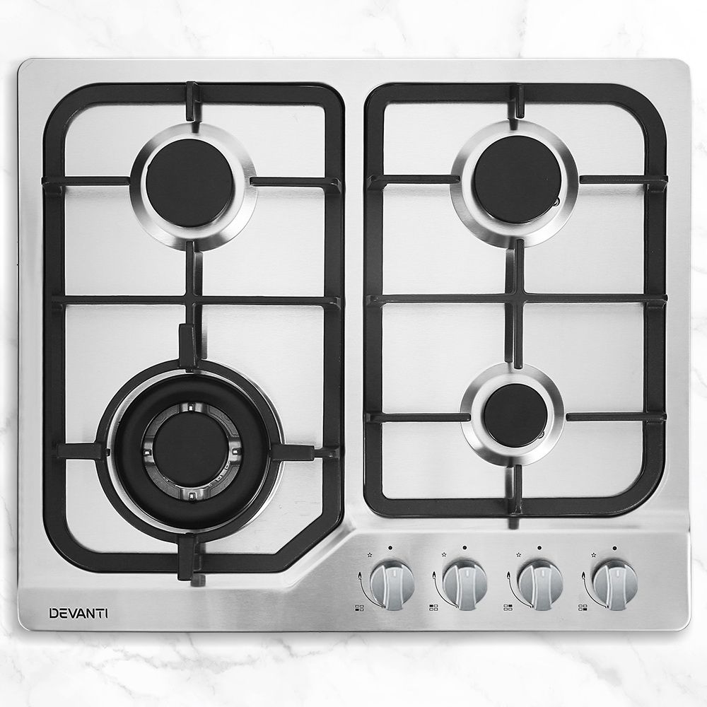 60cm Gas Cooktop – 4 Burners, Wok Burner, Flame Failure, NG/LPG, Stainless