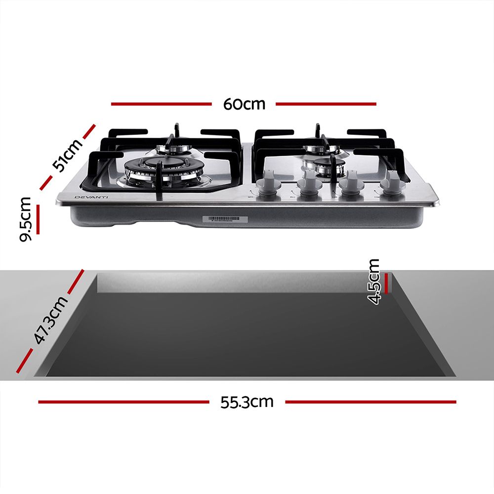 60cm Gas Cooktop – 4 Burners, Wok Burner, Flame Failure, NG/LPG, Stainless