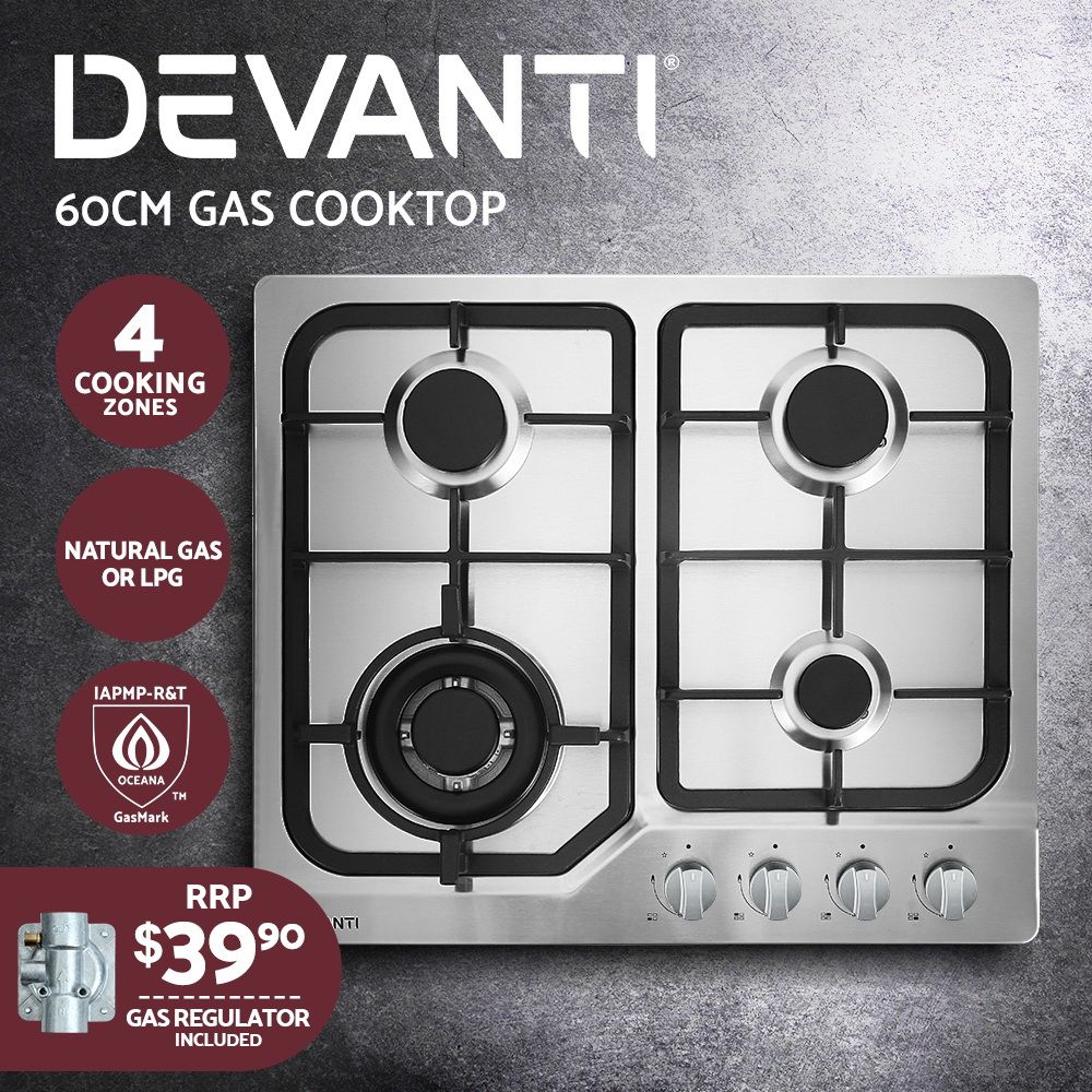 60cm Gas Cooktop – 4 Burners, Wok Burner, Flame Failure, NG/LPG, Stainless
