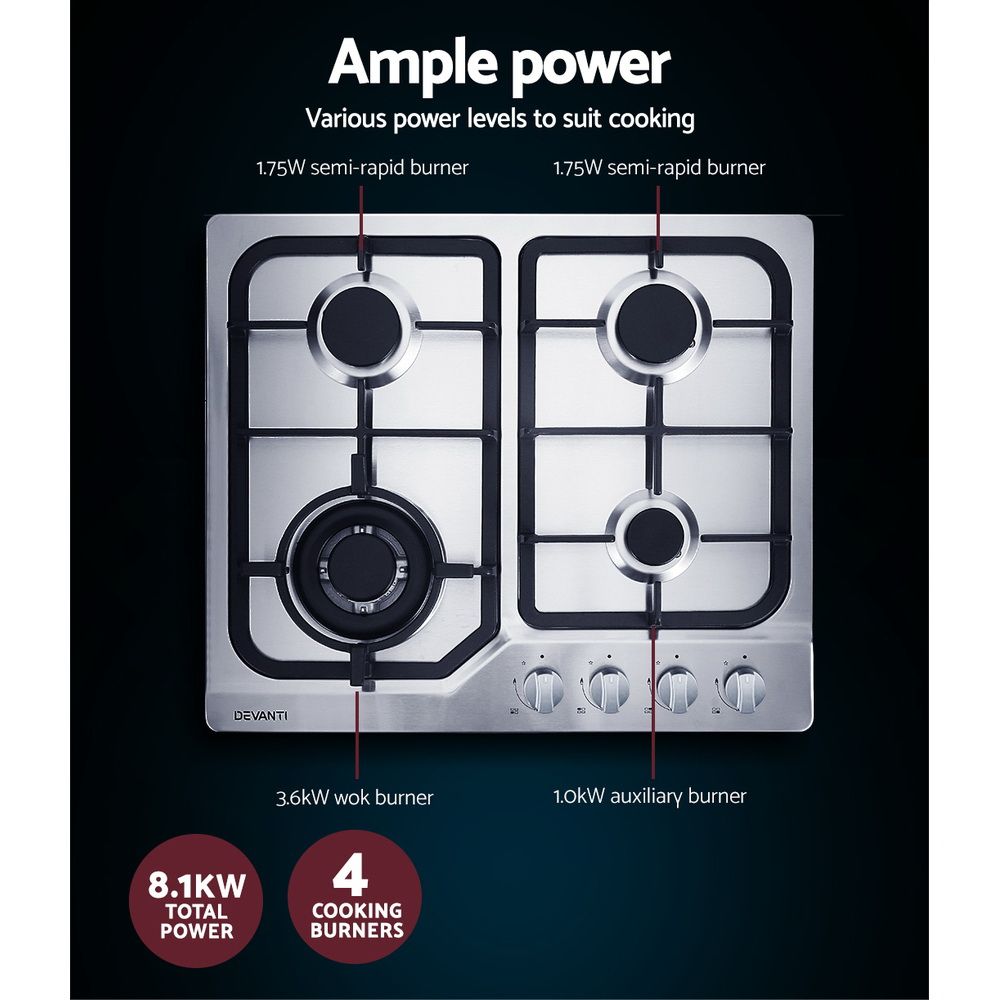 60cm Gas Cooktop – 4 Burners, Wok Burner, Flame Failure, NG/LPG, Stainless