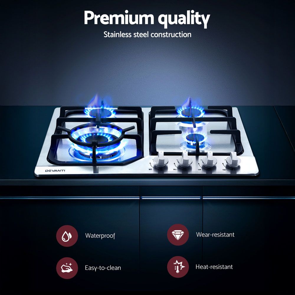 60cm Gas Cooktop – 4 Burners, Wok Burner, Flame Failure, NG/LPG, Stainless