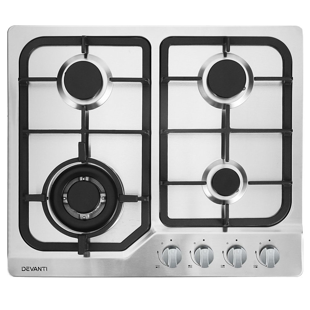 60cm Gas Cooktop – 4 Burners, Wok Burner, Flame Failure, NG/LPG, Stainless