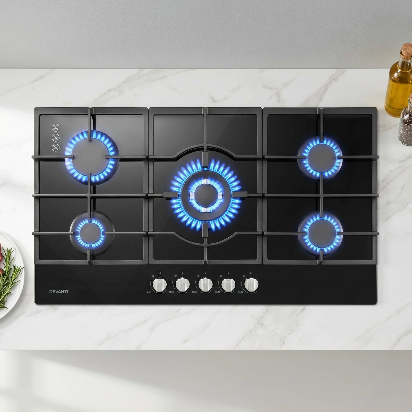 90cm Gas Cooktop 5 Burner – Tempered Glass LPG/NG Triple Crown Black