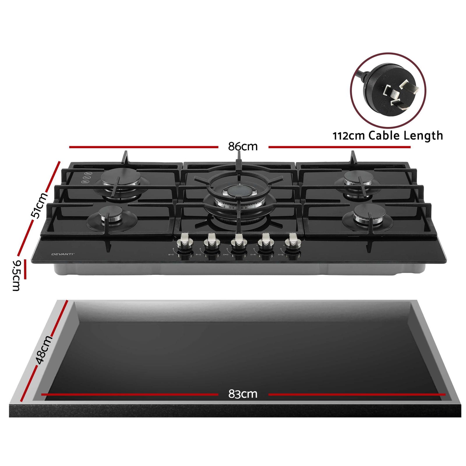 90cm Gas Cooktop 5 Burner – Tempered Glass LPG/NG Triple Crown Black