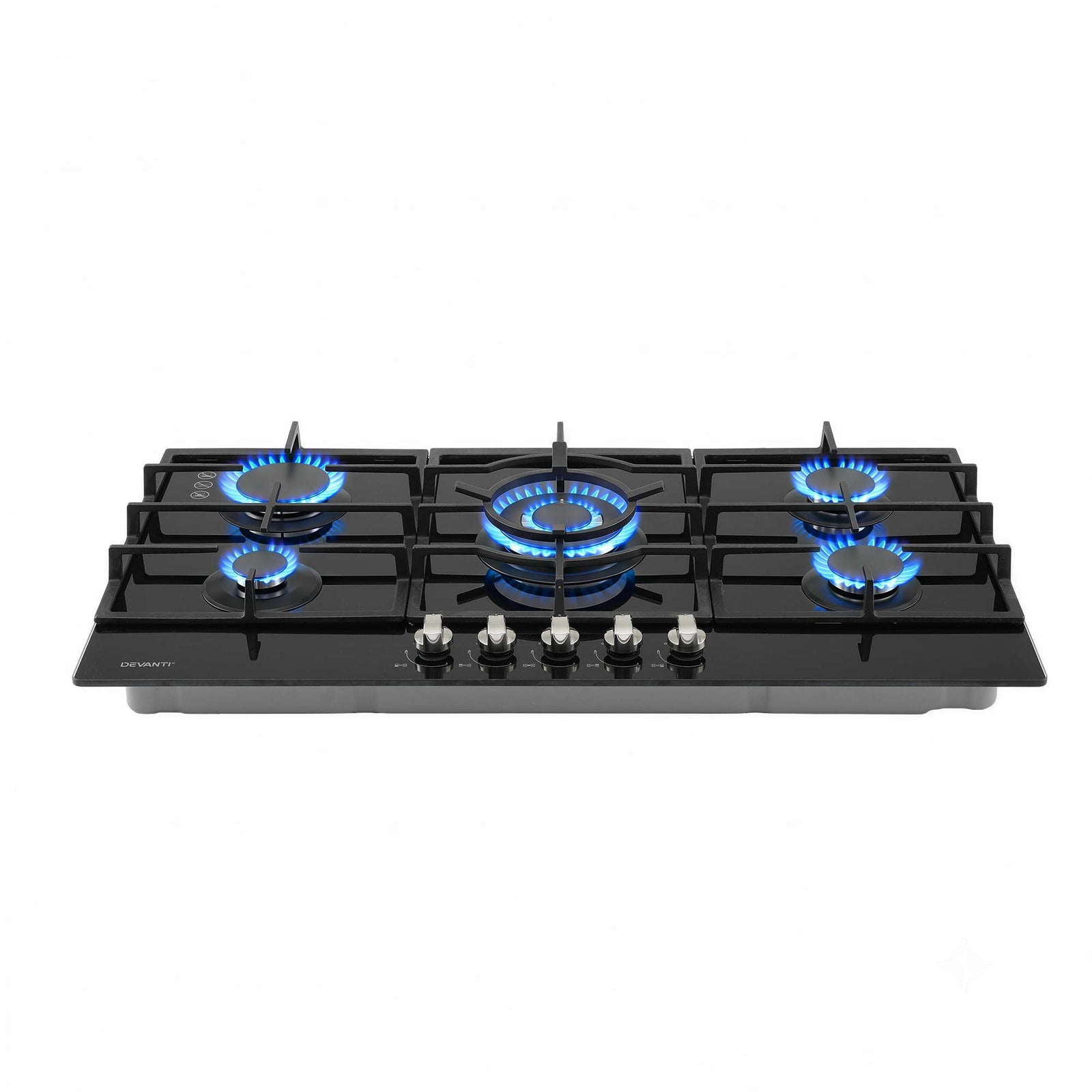 90cm Gas Cooktop 5 Burner – Tempered Glass LPG/NG Triple Crown Black
