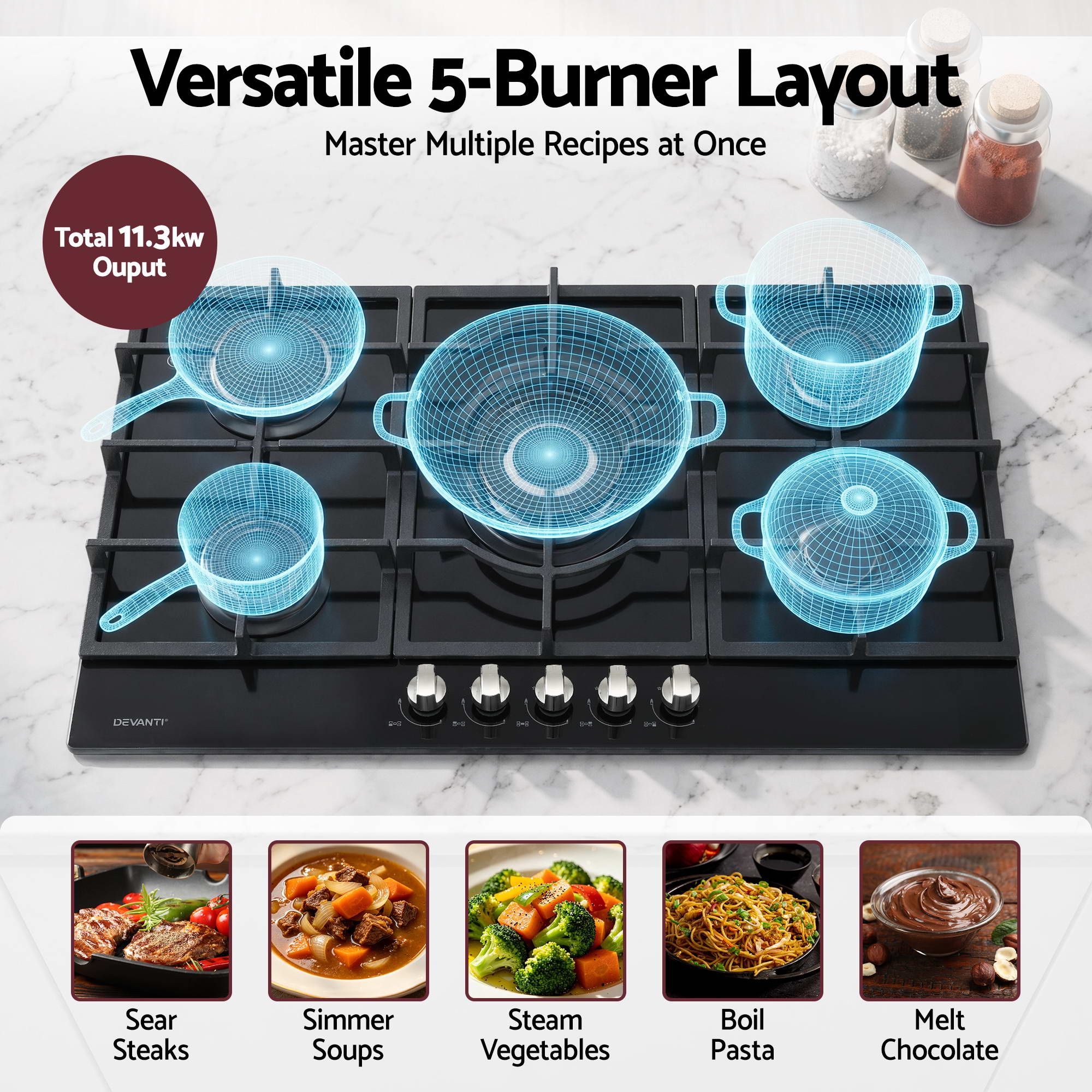 90cm Gas Cooktop 5 Burner – Tempered Glass LPG/NG Triple Crown Black