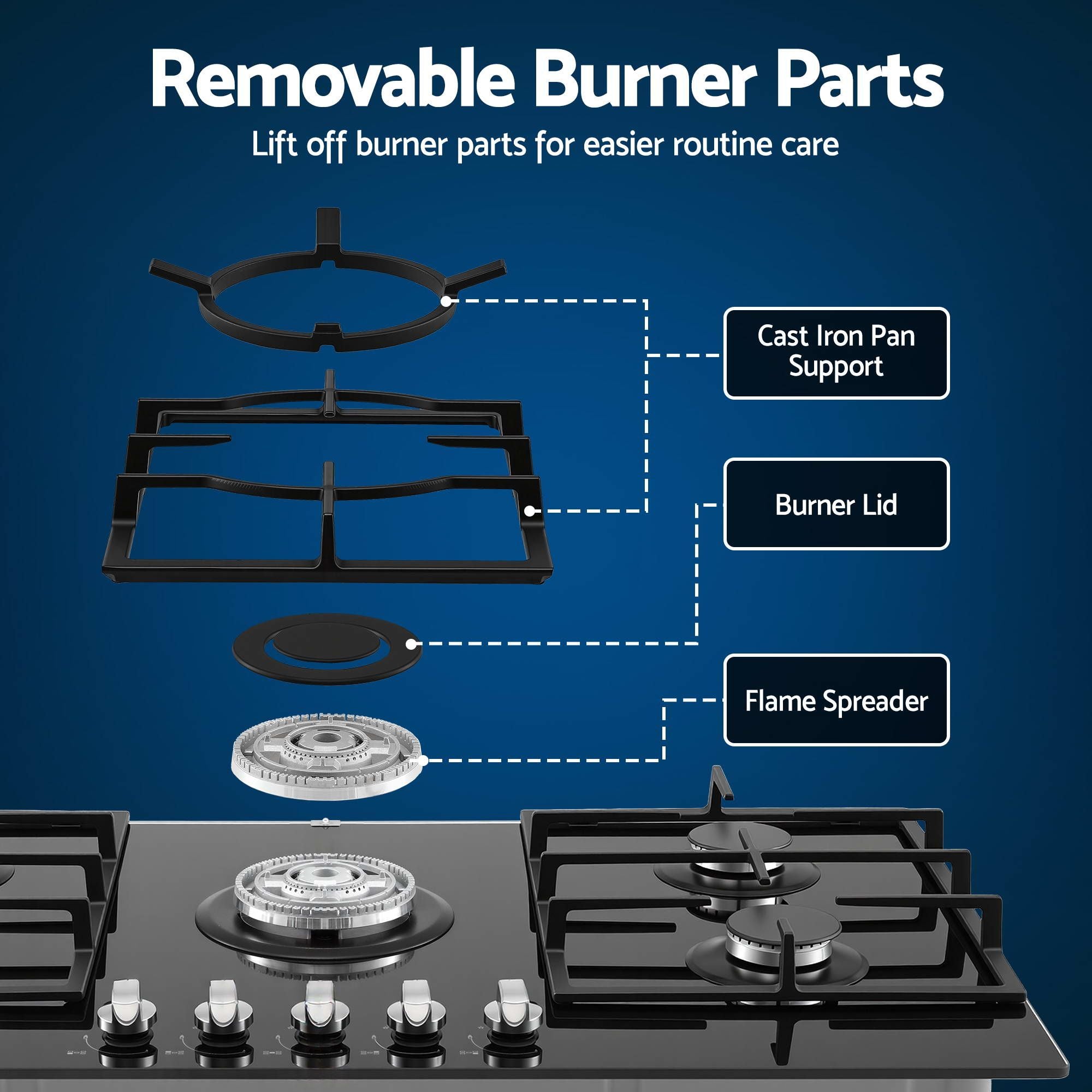 90cm Gas Cooktop 5 Burner – Tempered Glass LPG/NG Triple Crown Black